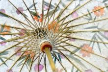 Binnenkant bamboe papier parasol met droogbloemen en twijgjes